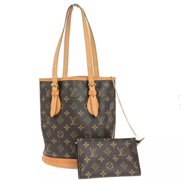 LOUIS VUITTON BUCKET PM Shoulder Tote Bag Monogram Leather Brown M42238 98KA454 - Picture 1 of 16